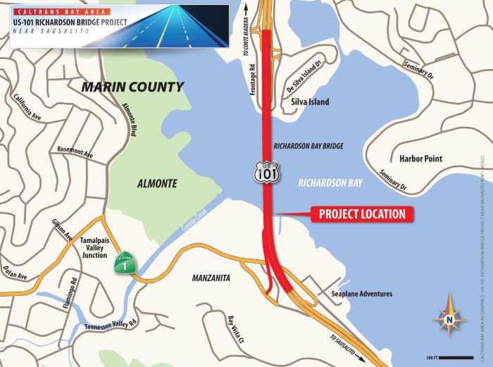 Caltrans Shuts Down Two Northbound Lanes on Richardson Bay Bridge Thru Sept. 30 at 8am