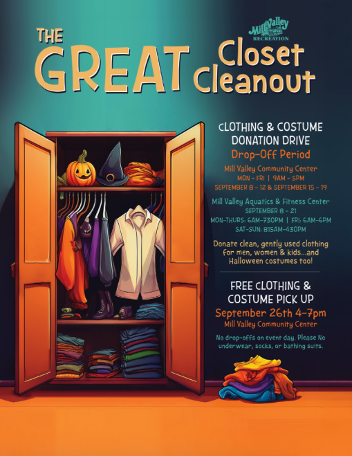Clear Out, Give Back, & Dress Up – The Great Closet Cleanout Arrives at MV Community Center – Drop-Off, Sept. 8-12th, Sept. 15-19th, Sept, 8-21 at MV Aquatics & Fitness Sept. 8th-21st, Mon.-Thu., 6am-7:30pm,