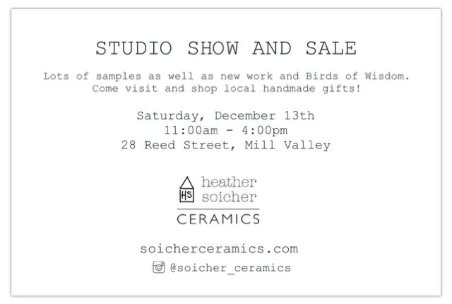 Heather Soicher Ceramics Hosts a Studio Show and Sale! Saturday, Dec. 13th, 11am-4pm at 28 Reed Street!